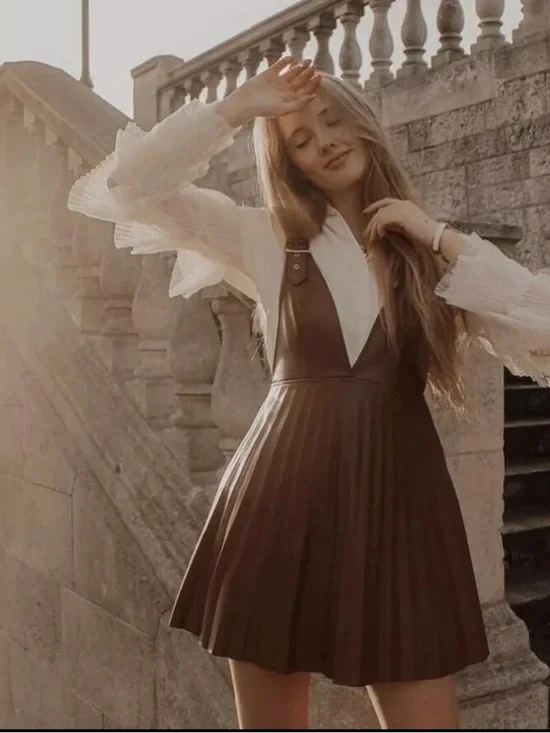 NWT ZARA Brown Vegan Leather Pleated Dress - Picture 1 of 9